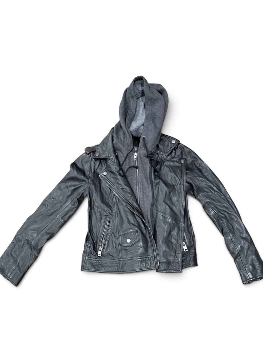 Lucky Brand Soft Black Genuine Leather Jacket with Removable Zip-Out Hoodie